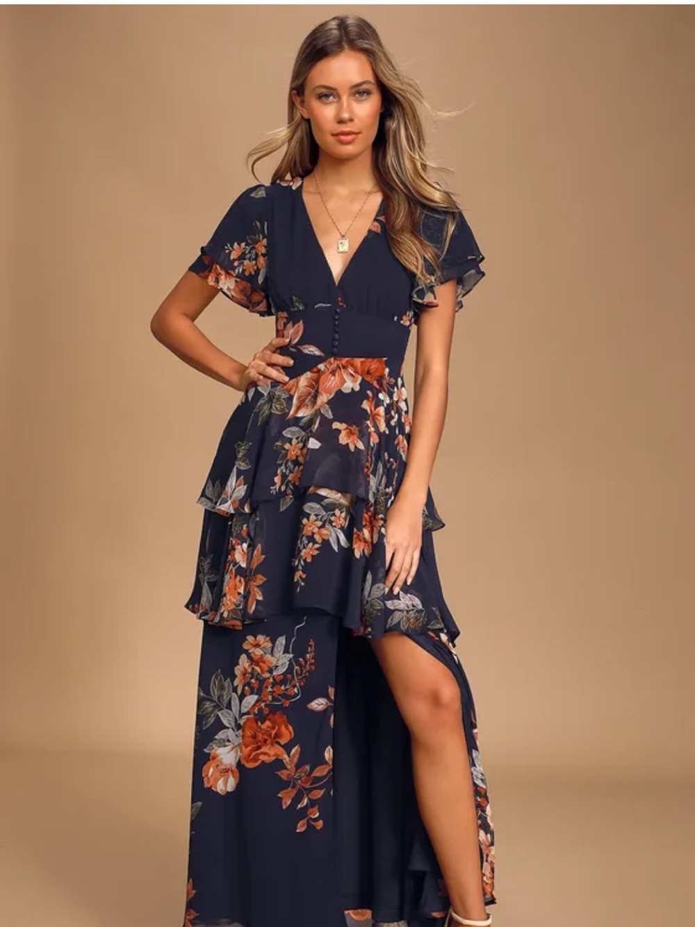 Lulus Navy Floral Tiered V-Neck Maxi Dress NWT Size Large